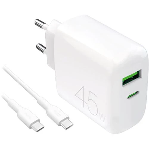 Carregador 2x USB- / USB TIPO C Puro Prolite 45W + Cabo USB-C | 1,2 M - Branco
