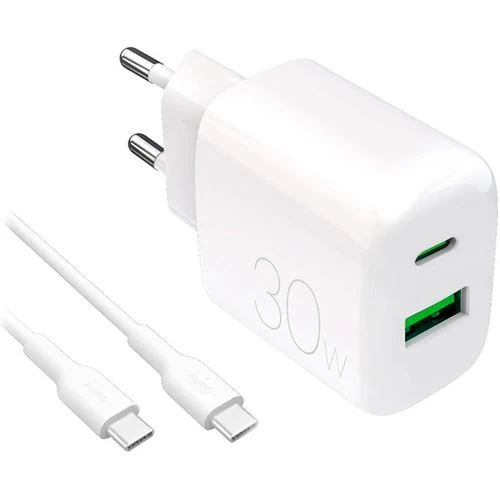 Carregador 2x USB- / USB-C Puro Prolite 30W + Cabo USB TIPO C | 1,2 M - Branco