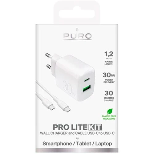 Carregador 2x USB- / USB-C Puro Prolite 30W + Cabo USB TIPO C | 1,2 M - Branco