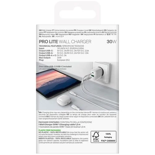 Carregador 2x USB- / USB-C Puro Prolite 30W + Cabo USB TIPO C | 1,2 M - Branco