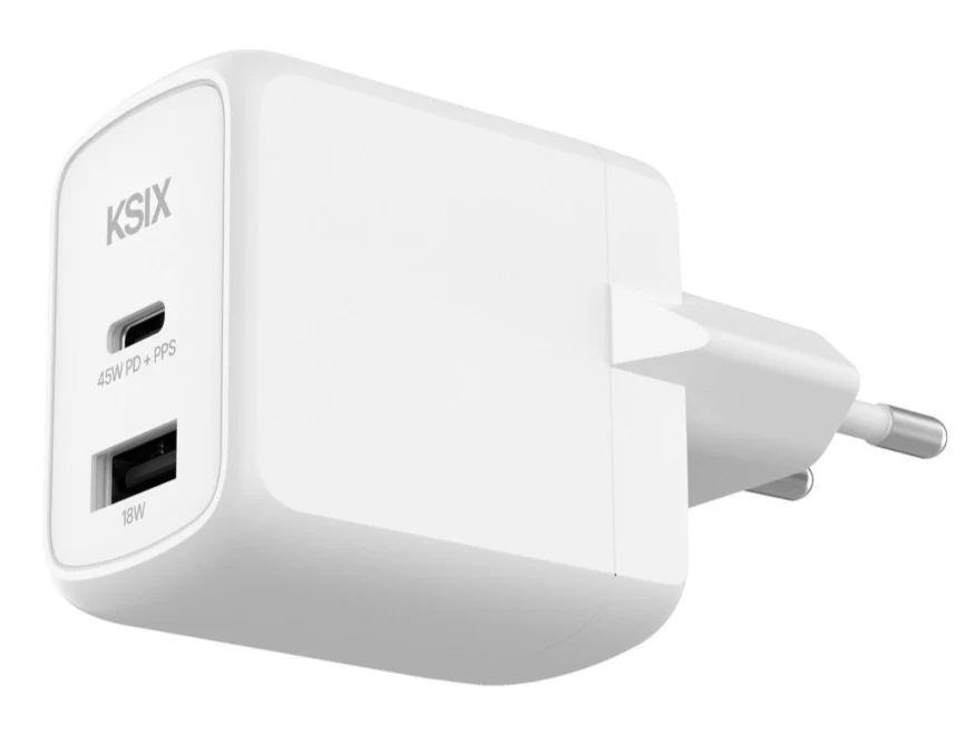 CARREGADOR KSIX 1XUSB C +1XUSB GAN 45W BRANCO