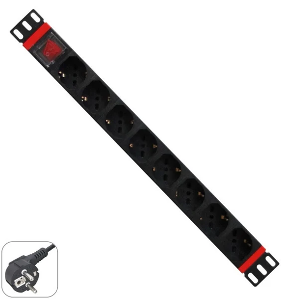 MULTIPLE SOCKET RACK 19"- 8 SCHUKO SOCKETS, ONOFF SWITCH,1 U