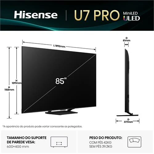 Hisense Smart TV MINI LED 85" UHD 4K 85U7QPRO